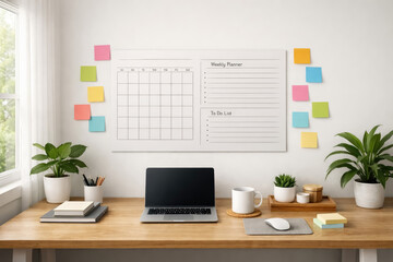Fototapeta premium Home office desk with a laptop, a weekly planner whiteboard on the wall, colorful sticky notes, potted plants, and office supplies on a wooden table