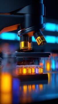 Close-up of a microscope with illuminated sample vials showcasing vibrant colors and sharp details