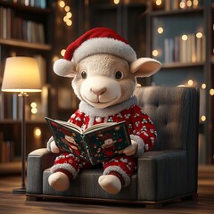 Obraz premium Charming Festive Sheep Enjoys Cozy Fireside Tale for Christmas, Perfect Fantasy Book Gift for All