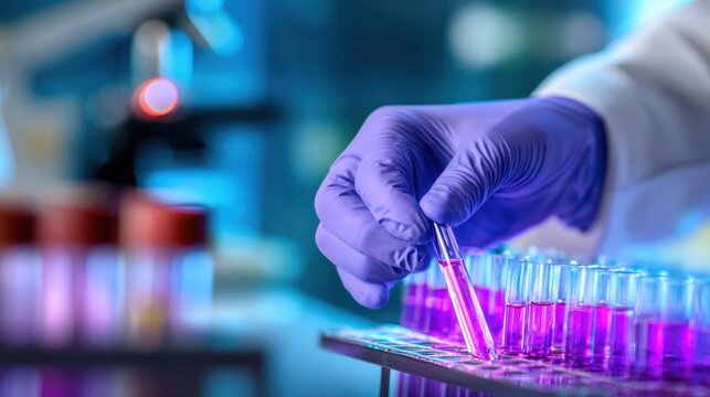 A scientist in gloves carefully handles a test tube filled with vibrant pink liquid in a lab