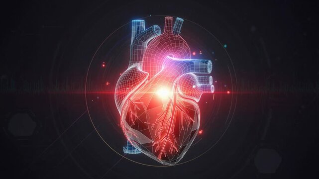 3D digital human heart model with glowing vascular system and futuristic medical technology background
