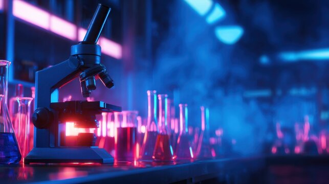 A laboratory scene illuminated with vibrant blue and pink lights highlighting equipment and flasks