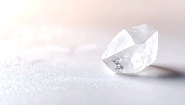 Sea salt crystals on sandy surface with soft natural light and copy space