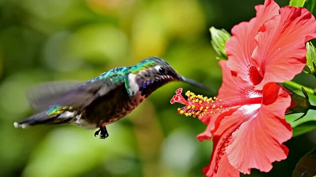 Hummingbird hovering and feeding on vibrant red hibiscus flower in tropical garden nectar