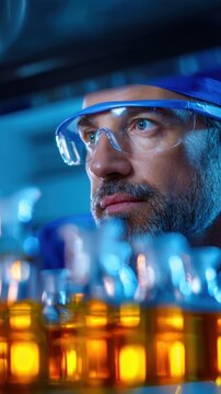 A focused scientist analyzes colorful liquid samples in a laboratory setting