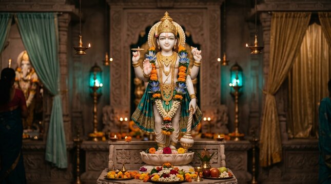 Serene Marble Statue of Lord Vishnu Adorned with Intricate Silk Garlands and Gold Jewelry for Shravana Putrada Ekadashi Celebration