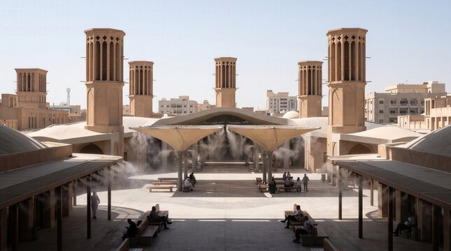 Traditional Middle Eastern marketplace with wind towers and shaded walkways
