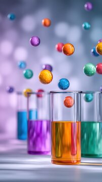 Colorful spheres hover above glasses filled with vibrant liquids against a softly blurred backdrop