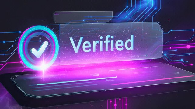 Futuristic digital verification concept with glowing checkmark and verified message on technology background