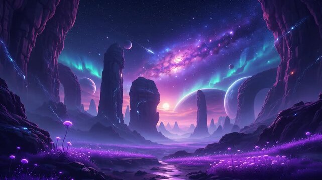 Surreal alien landscape with glowing purple plants and distant planets under a vibrant starry sky