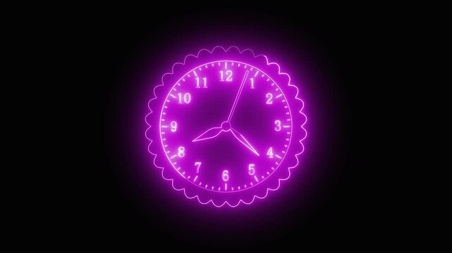 Scalloped clock animation with purple neon. Scalloped clock digital time display. Scalloped clock technology interface graphic on black background for time.