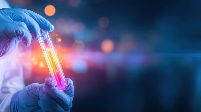 A scientist holding a test tube with vibrant colored liquids in a blurred laboratory setting