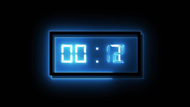 Digital clock animation with blue neon. Digital clock displaying two seconds on black. Digital clock technology interface graphic on black for countdown.
