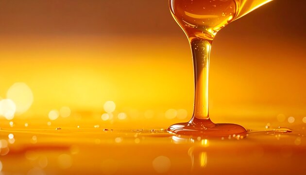 Golden honey drizzle with glowing amber texture on warm background
