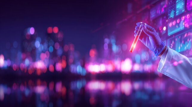 A futuristic lab setting with a glowing test tube held by a gloved hand against a vibrant cityscape