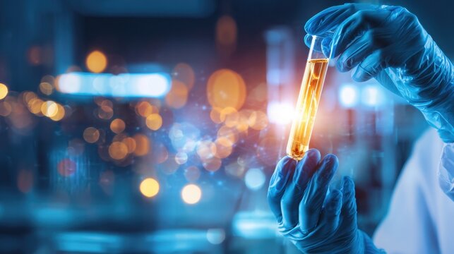 A scientist holds a glowing test tube in a lab, illuminated by colorful bokeh lights in background