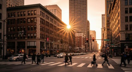Fototapeta premium Busy City Street Intersection at Sunset with People Crossing and Sunbu