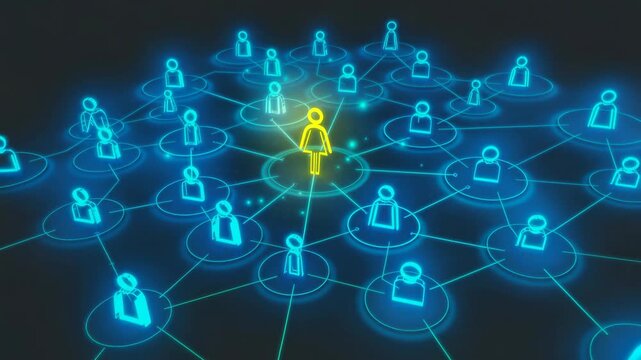 Digital social network concept with connected glowing people icons and a central female figure highlighted in yellow