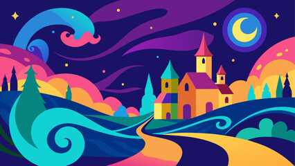 Colorful fantasy dragon flying under moonlit sky with castles © Devili