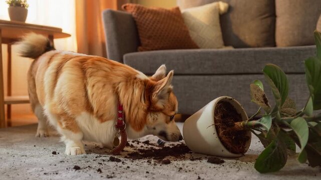 Curious corgi dog sniffing spilled soil from fallen indoor houseplant pot on carpet near sofa