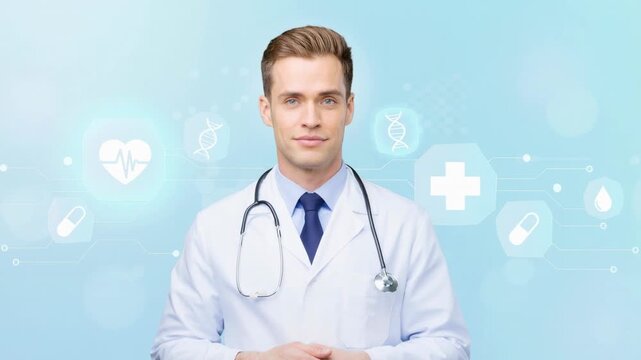 Young male doctor with stethoscope in white coat with medical icons on blue background