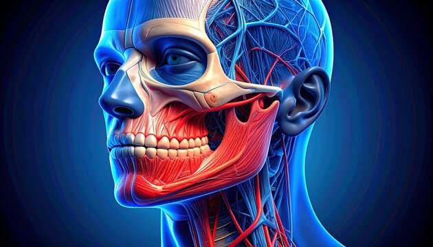 Digital illustration of head and neck anatomy highlighting jaw muscles in red, nerves in blue, symbolizing facial structure and function.