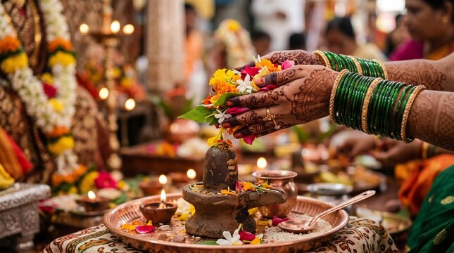Macro shot of woman's hands with intricate henna and traditional green glass bangles for Mangala Gauri Vrat celebration during Shravan month