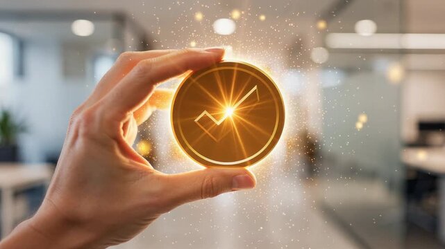 Hand holding golden checkmark coin glowing with light sparks in modern office background