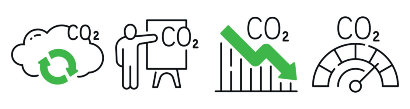 Carbon dioxide reduction trends shown in infographic icons. Editable stroke