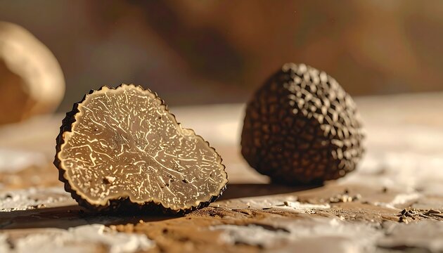 Whole black truffle and sliced truffle with detailed interior texture on warm gourmet background