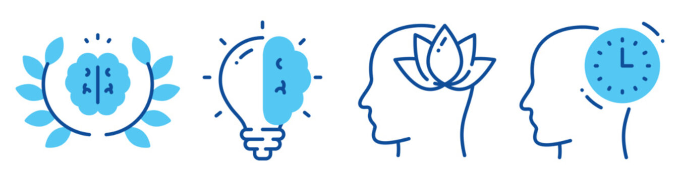 Brain and head icons representing wellbeing ideas and time. Editable stroke