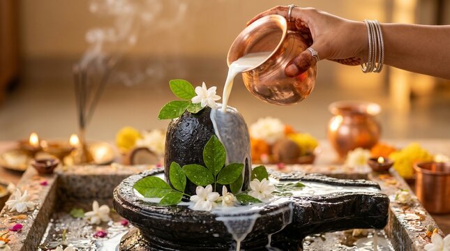 Macro shot of hand pouring milk from a copper vessel onto a black Shiva Lingam during Shravan Somwar Vrat, Hindu religious ritual of Abhishekam ceremony