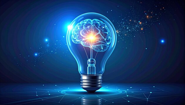 Futuristic glowing light bulb with digital brain inside, symbolizing artificial intelligence, innovation, data transfer, and smart technology.