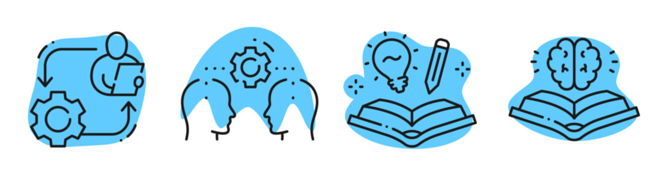 Team collaboration exchanging ideas in educational icon set. Editable stroke