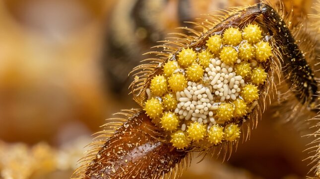 Insect leg with parasitic eggs macro close-up, yellow and white