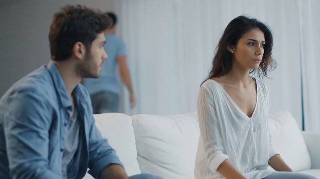 Unhappy couple sitting on sofa after argument as third person walks away in bright living room.
