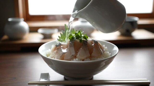 Japanese Dish of Rice with Sliced Raw Fish Doused in Broth and Served with Chopsticks