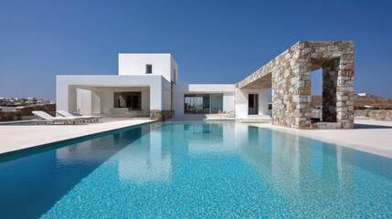 Fototapeta premium Modern luxury villa with swimming pool, minimalist architecture, and stunning blue sky in a serene landscape setting