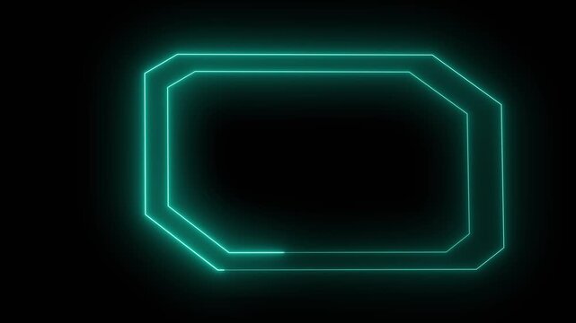 Octagon frame animation with teal neon glow. Octagon frame futuristic digital border. Octagon frame technology background graphic on black background for tech.