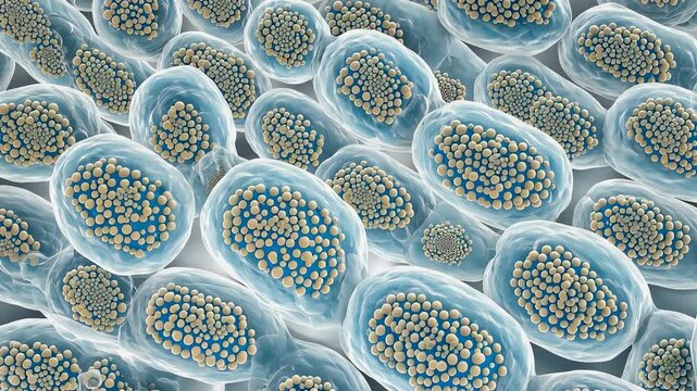 Liver cells accumulating fat droplets, gradual buildup inside cells