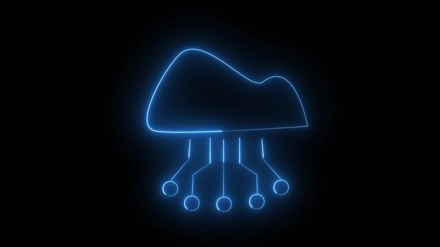 Cloud icon animation with blue neon circuits. Cloud icon digital data storage symbol. Cloud icon technology communication graphic on black background for tech.