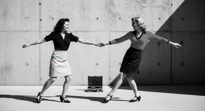 Two Joyful Women in Vintage 1940s Style Clothing Dancing Outdoors with