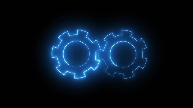 Gear icon animation with blue neon cogs. Gear icon technical industrial process. Gear icon digital technology graphic on black background for systems.
