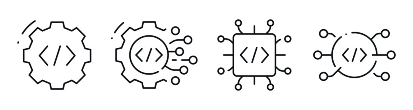 Code symbols shown inside gear and microchip outlines on white. Editable stroke