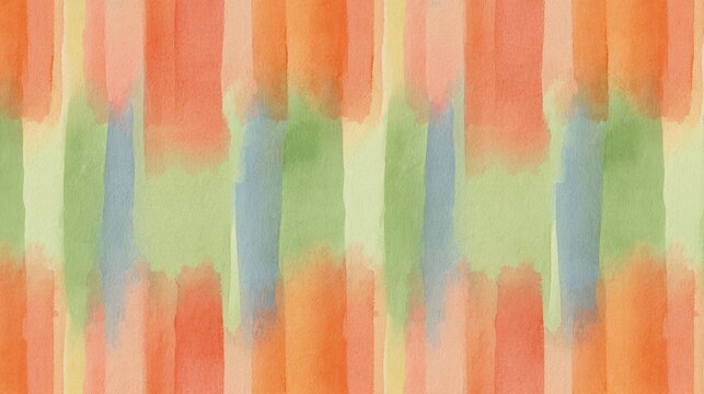 Seamless Watercolor Pattern of Vertical Organic Bands in Warm Orange, Peach, Blue and Green, Soft Blended Edges and Hand-Painted Transparency