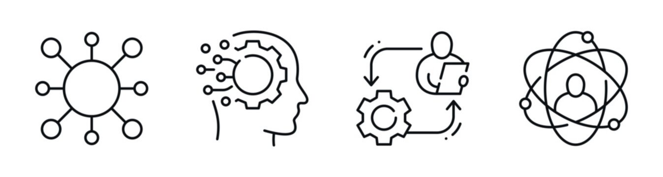 Human centered technology and connectivity icons on white background. Editable stroke