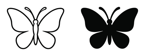 Fototapeta premium Simple black and white butterfly icons with outline and filled silhouettes on transparent background
