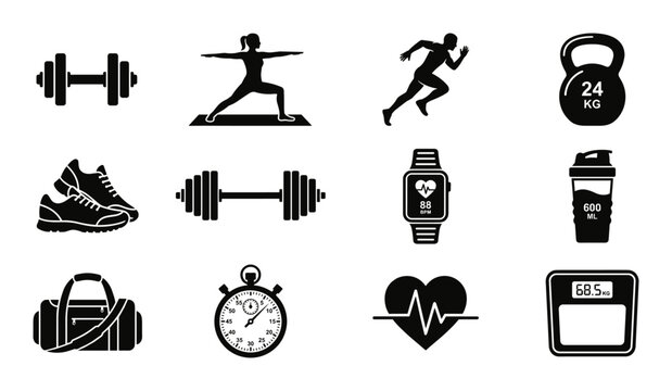 Collection of black fitness icons including weights, yoga pose, running, kettle bell, shoes, smart watch, shaker bottle, gym bag, stopwatch, heart rate, and scale on transparent background
