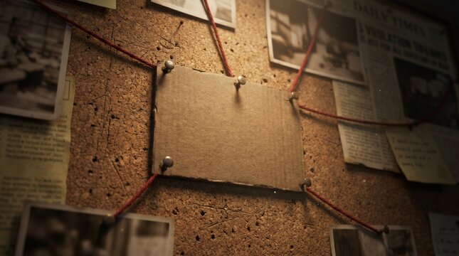 Mystery crime evidence corkboard background with glowing copy space