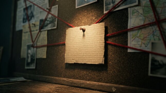 Mystery crime evidence corkboard background with glowing copy space